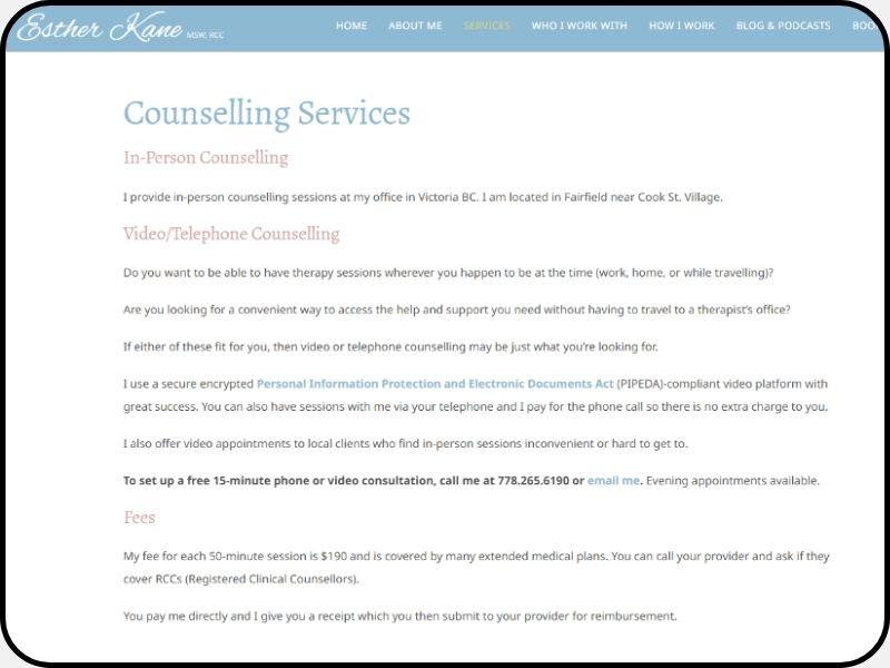 Screenshot resource image of Esther Kane's Counselling Services